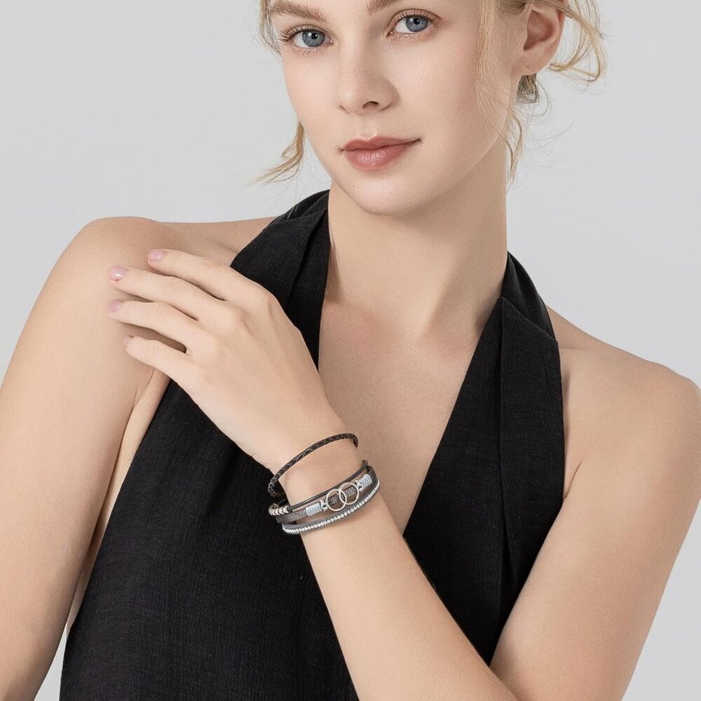 Leather Cuff Bangle Beaded Stackable Infinity Jew… - image 2